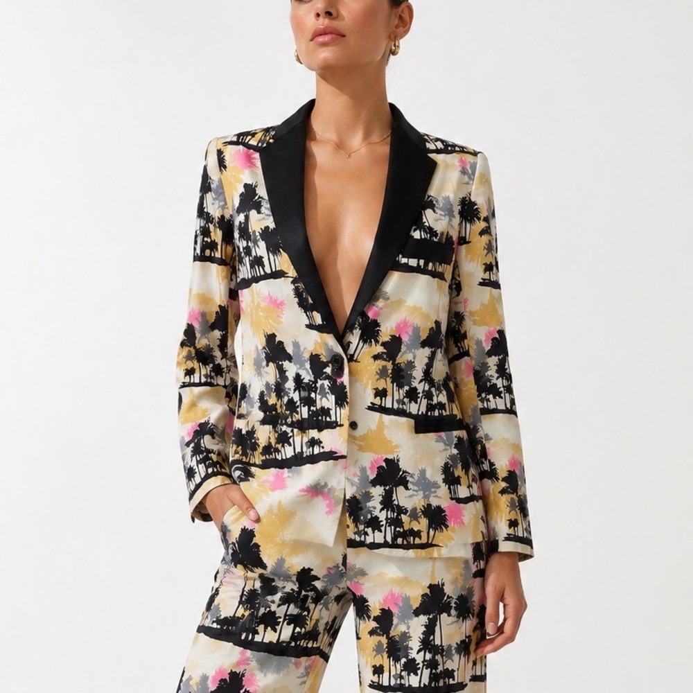 Le Superbe Coastal Tux Blazer Womens 2 Palm Print Tropical Resort Jacket Chic
